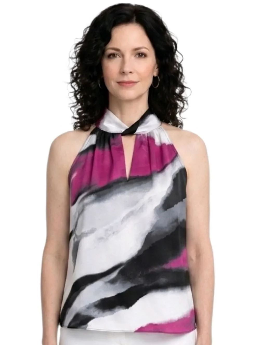 DKNY Abstract Grey Geode Print Twist-Neck Collar Sleeveless Satin Blouse Size XS